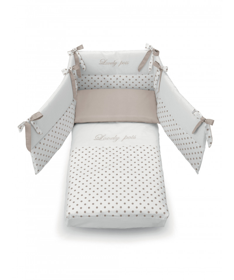 Set lettino Azzurra Design con piumino paracolpi, lenzuola, federa e copri materasso, fantasia a pois, colore havana