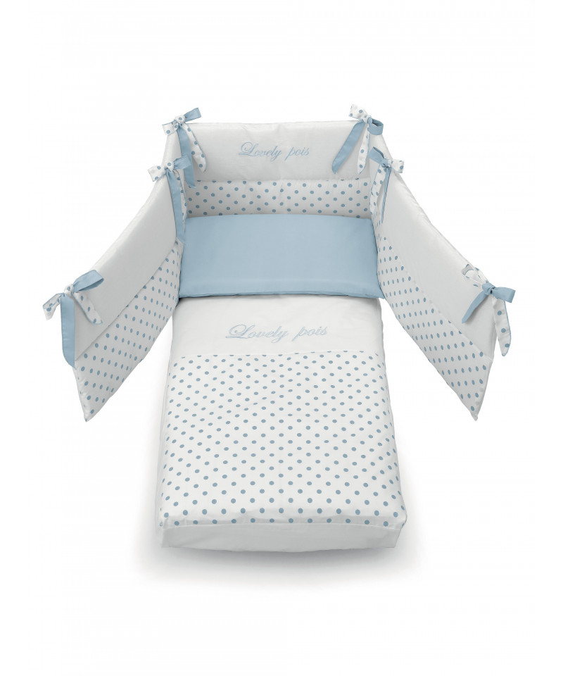 Set lettino Azzurra Design con piumino paracolpi, lenzuola, federa e copri materasso, fantasia a pois, colore celeste