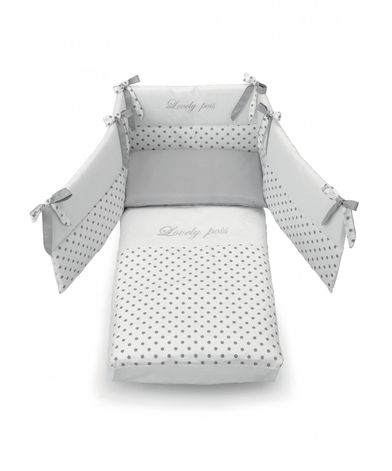 Set lettino Azzurra Design con piumino paracolpi, lenzuola, federa e copri materasso, fantasia a pois, colore grigio