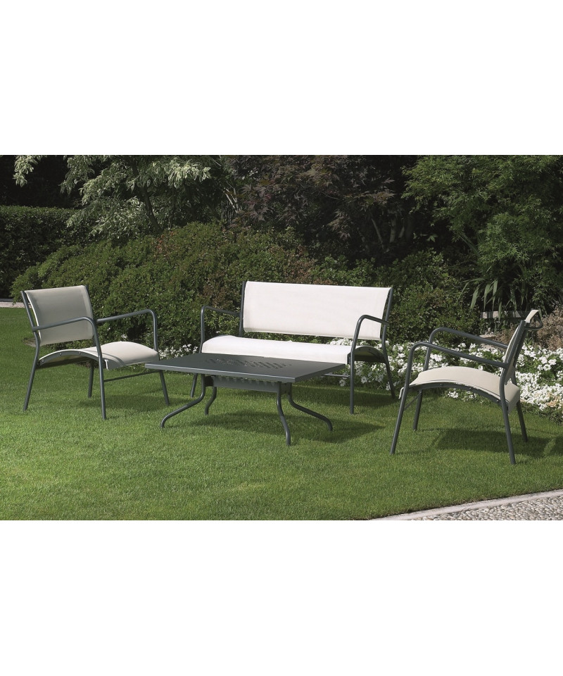 Salotto da giardino con poltrona Polo P, divano Polo e tavolino Polo T, made in Italy, in metallo antiruggine